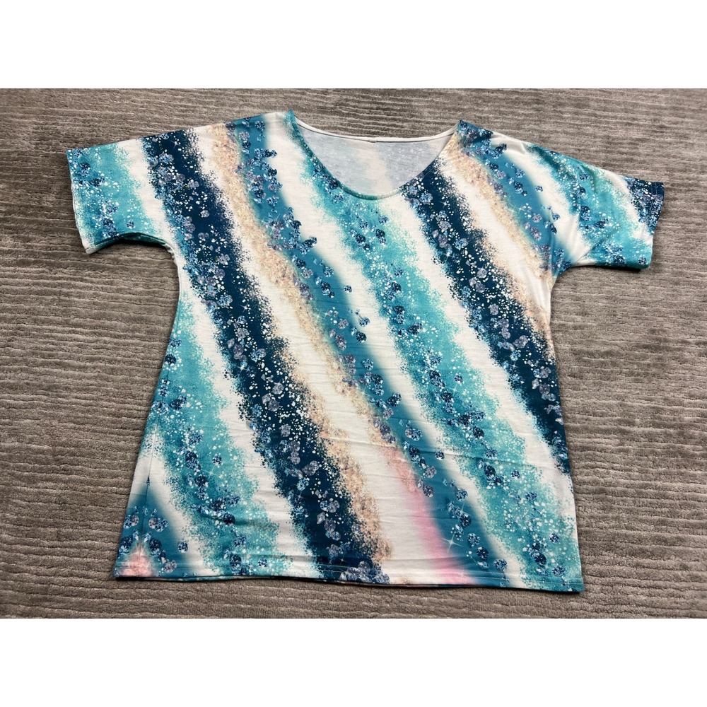 Unbranded T-Shirt Women L Blue Teal Stripe Jewel Print V-Neck Short Sleeve Top